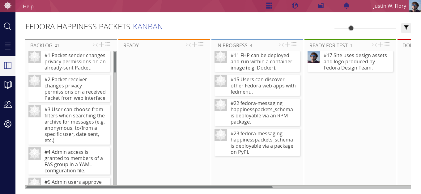 Screenshot of Taiga kanban project board for Fedora Happiness Packets on teams.fp.o